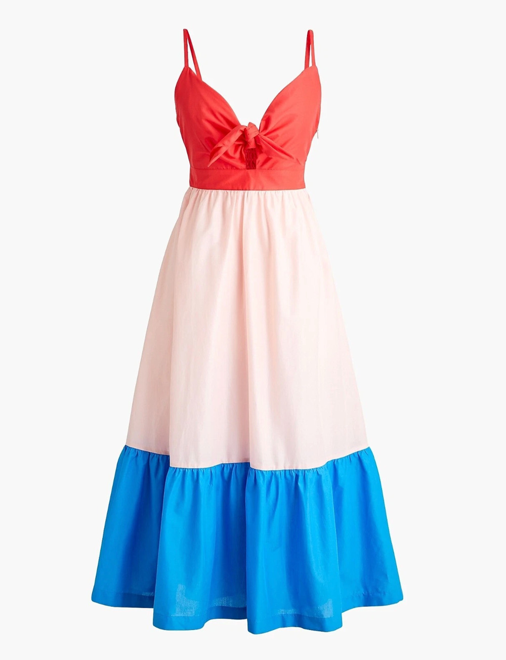 J. Crew Midi Dress Womens 2 Red Pink Blue Tiered Colorblock Tie Front Sun Cutout